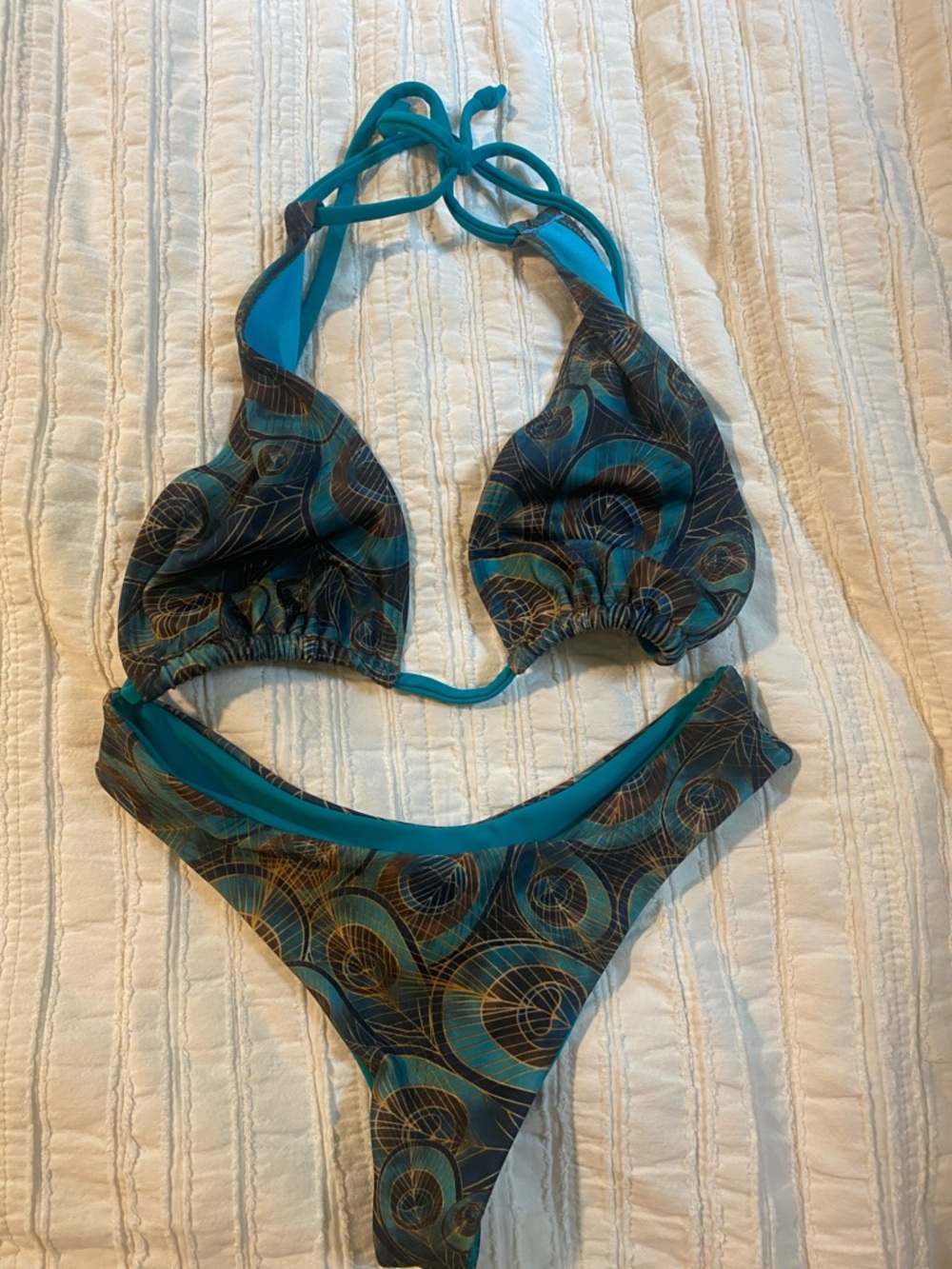 Turquoise and Teal Patterned Women's Bikini - Triangle Top & Brief
